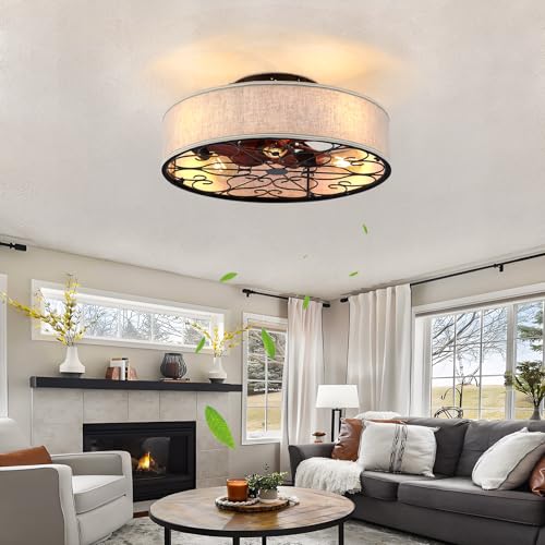 20 Inch Caged Ceiling Fans with Lights Flush Mount,Low Profile Fabric Farmhouse Bladeless Ceiling Fan with Remote, Farmhouse White Ceiling Fan for Bedroom,6 Speeds Reversible Silent Fandalier